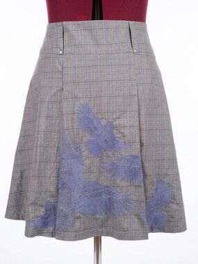 OXMO - Gray Plaid Skirt with Blue Bird Embroidery (Size 12)